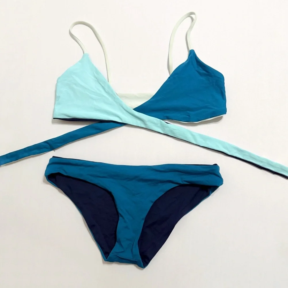 L*Space Chloe reversible blue color block wrap top bikini set